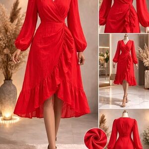 S.L. Fashions Red Ruffled High-Low Wrap Dress